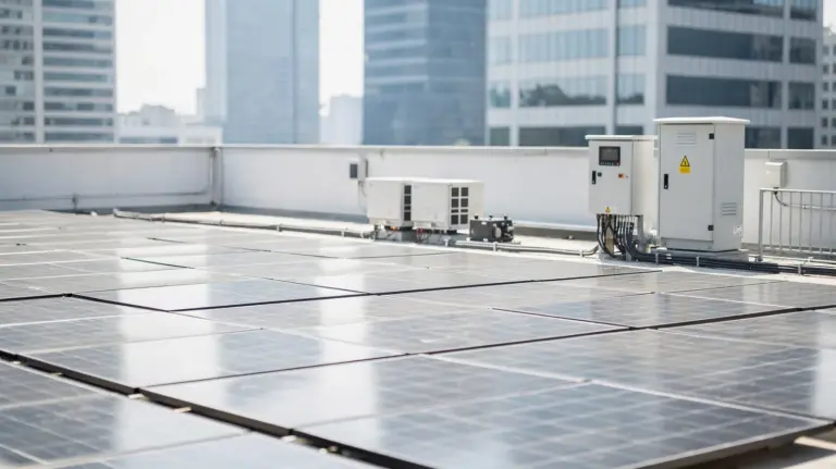 Photovoltaikanlage auf einem Firmendach vor moderner Stadtkulisse, Thema ESG und Nachhaltigkeit