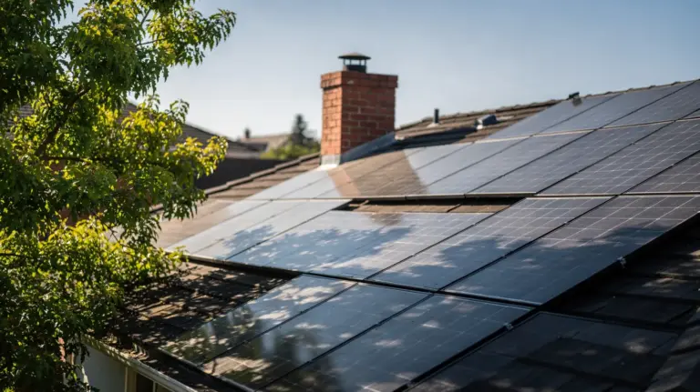 Photovoltaikmodule auf einem Dach, teilweise vom Schatten eines nahe stehenden Baums verschattet.
